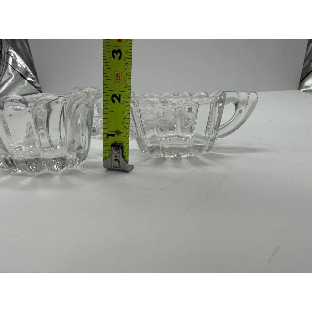Vintage Clear Pressed Glass Cream and Sugar Set with Scalloped Oval Tray 3pc